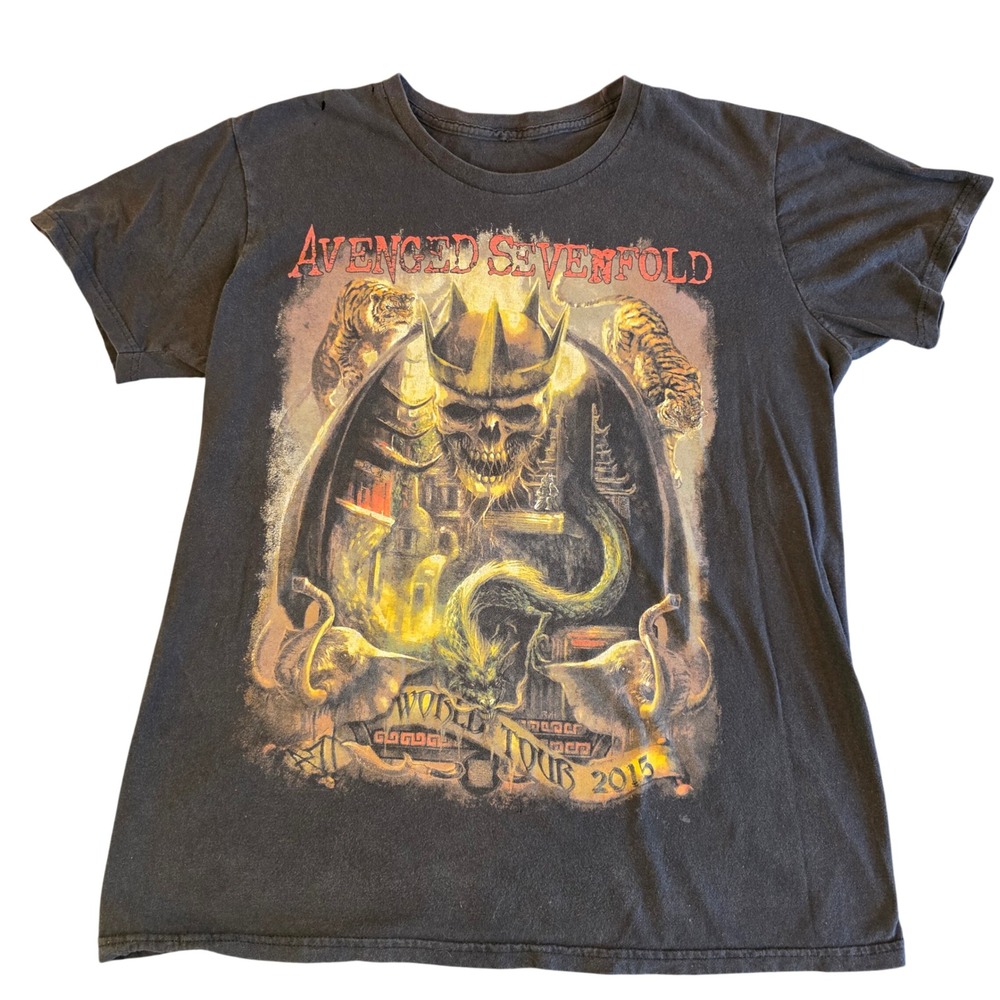 Avenged Sevenfold 2015 World Tour Shirt Black‎ Thrashed Graphic Tee Mens Medium